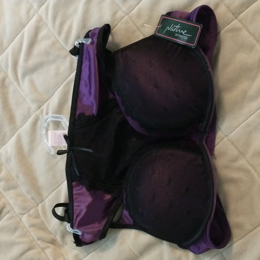 Native Intimates NWT Purple/Black Lace Push Up Bra 34C & Thong M(6) Set